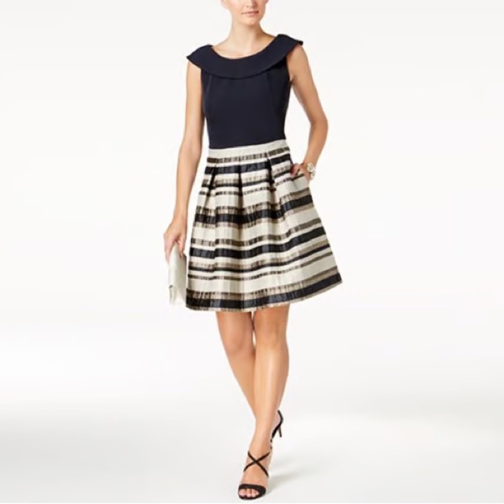 Taylor Striped Solid Fit Flare Dress, Navy and Taupe